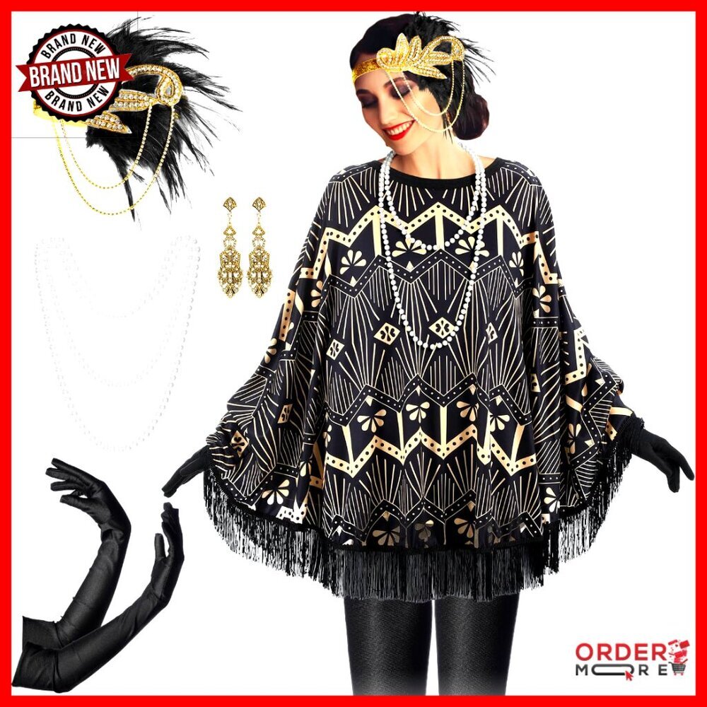 1920s Flapper Costume Accessories Set with Fringed Poncho and Gloves